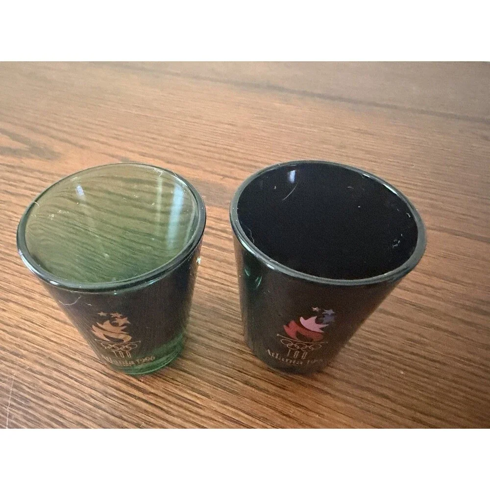 Atlanta 1996 Olympic 100 Years Libbey Shot Glasses Green Black Set of 2